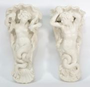 A pair of parian wall brackets possibly Minton: of a mermaid and merman, late 19th century,