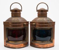 A pair of  copper and brass 'Davey's Patent Improved Safety Yacht Lamps' for port and starboard:,