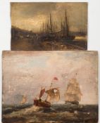 Circle of A E Markes, 19th Century English School-
Shipping in a bay:-
oil on board
23 x 30.