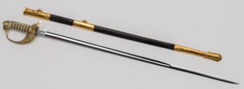 An Elizabeth II Royal Naval dress sword:, the straight single edge fullured blade with foul anchor,