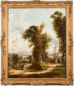 English School 19th Century-
Travellers and farmers in a landscape:-
oil on canvas
74 x 62cm.