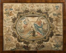 A 17th Century stumpwork picture:  with central oval panel of robed female figures,