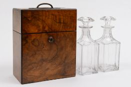 A 19th century burr walnut travelling decanter box: of rectangular outline,