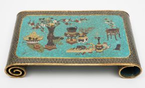 An unusual Chinese cloisonne stand or arm rest: of scroll form,