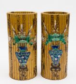 A pair of Chinese faux bamboo vases: of cylindrical form,