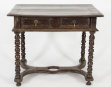 A 17th Century oak rectangular side table:, with an overhanging top,