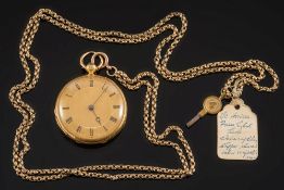 A lady's 18ct gold cased key-wound lever open face pocket watch: with attached long guard chain in