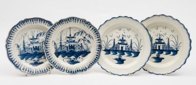 Two pairs of blue painted pearlware plates: comprising two of circular form with moulded