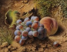 WITHDRAWN        Follower of William Henry Hunt [1790-1864]-
Still life of grapes and a peach on a