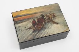 A Russian black lacquer box: of rectangular outline,