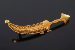 A gold 'dagger' brooch: of filigree work design, 57mm long, approximately 8gms gross weight.
