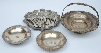 A continental silver salver, together with a pair of silver plated dishes,