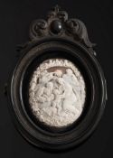 A late 19th century shell cameo mounted carved wood photograph container:,