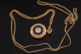 A lady's 18ct gold cased keyless cylinder half-hunter fob watch: with blue enamel chapter ring and