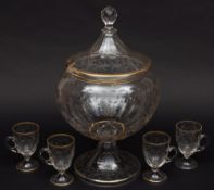 A French glass punch set: comprising a pedestal bowl and cover and ten cups en suite: each with
