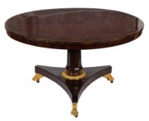 A Regency mahogany, inlaid and giltwood circular breakfast table:,