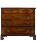 A Georgian yew-wood and inlaid bachelor's chest:, with oak sides, bordered with sycamore lines,
