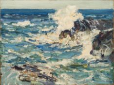 Fred Milner [1863-1939]-
Waves breaking on a rocky coast:-
indistinctly signed bottom left
oil on