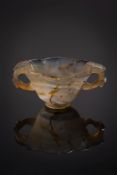 A Chinese agate two-handled cup: in the form of finely carved  lotus blossom with lingzhi fungus