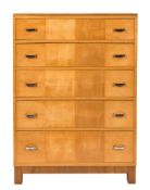 A Heals Art Deco maple veneer upright chest:, containing five long drawers on square section legs,