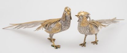 A pair of 20th century Spanish silver gilt Lady Amherst pheasants: with textured feathers,