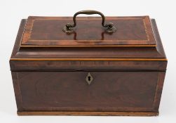 A 19th century mahogany and satinwood banded tea caddy: of rectangular outline,