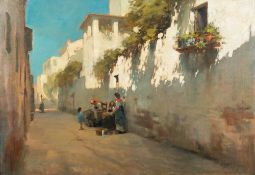 N Giordani [Italian 19/20th century]-
Figures in a sunlit and shady back street:-
signed
oil on
