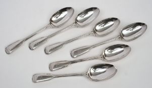 A set of six Victorian silver fiddle and thread pattern dessert spoons, maker George William Adams,