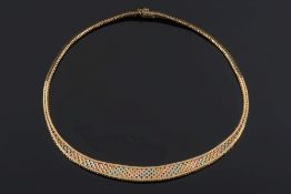 A 9ct gold, three colour mesh-link collar necklace:, approximately 38gms gross weight.