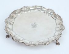 A George II silver waiter, maker Dorothy Mills, London, 1752: crested,