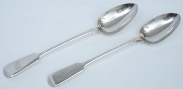 A pair of Victorian provincial fiddle pattern serving spoons, maker Thomas Hart Stone, Exeter,