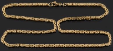 An 18ct gold necklace: of square section, Byzantine linking.