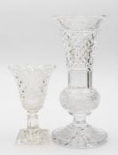 A cut glass celery vase and a cut glass vase: the former of flaring form,