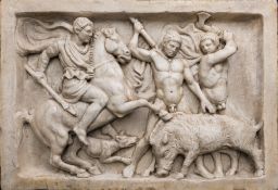 After the Antique, a large marble plaque: depicting a boar hunt, 54 x 81cm.