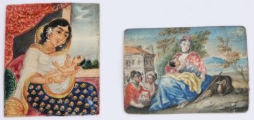 An Indian miniature on ivory: depicting a mother with her young child 6.5 x 5,5cm.