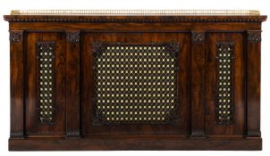 A Regency rosewood dwarf cabinet bookcase:, with a pierced brass baluster three quarter gallery,