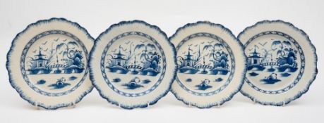 Four Liverpool pearlware plates: of circular form with moulded overlapping shell edge painted in