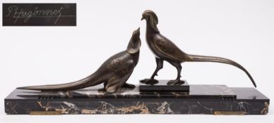 Pierre Hugonnet, an Art Deco period bronze study of a pair of pheasants:  stamped bronze,