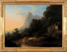 Johann Christian Vollerdt [1708-1769]-
A Rheineland landscape with cottage and figures beside a
