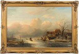 Dutch School 19/20th Century-
Frozen canal scene:-
oil on panel
44 x 71cm