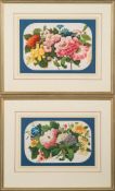 A set of four Chinese botanical drawings on rice paper: each painted with a large bouquet of