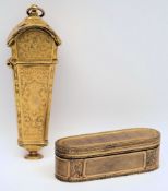 A late 18th century gilt metal etui: the hinged lid enclosing a fitted interior,