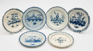Six blue painted pearlware and creamware plates: comprising four of circular form with moulded