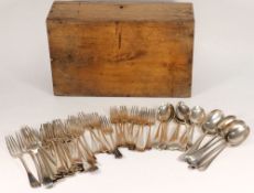 A collection of silver and silver plated Old English pattern flatware:, monogrammed and crested,