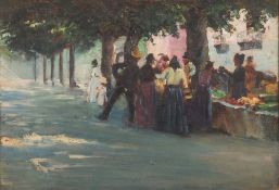 Flora Stark [19/20th Century]-
An Italian market, possibly Grimaldi:-
oil on board
19.5 x 28.5cm.
