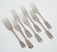 Seven various 19th century silver fiddle pattern dessert forks:, various makers and dates,