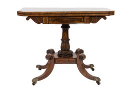 A Regency rosewood and satinwood crossbanded card table: the rectangular baize lined hinged top