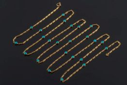 A late 19th/early 20th century gold and turquoise mounted guard chain: of baton linking,