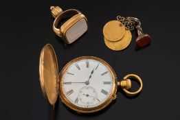 An 18ct gold keyless lever hunter pocket watch: the circular white enamel dial 38mm diameter in an