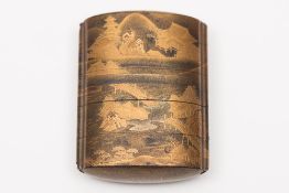 A Japanese five case lacquer inro: decorated with villages linked by bridges with a mountainous